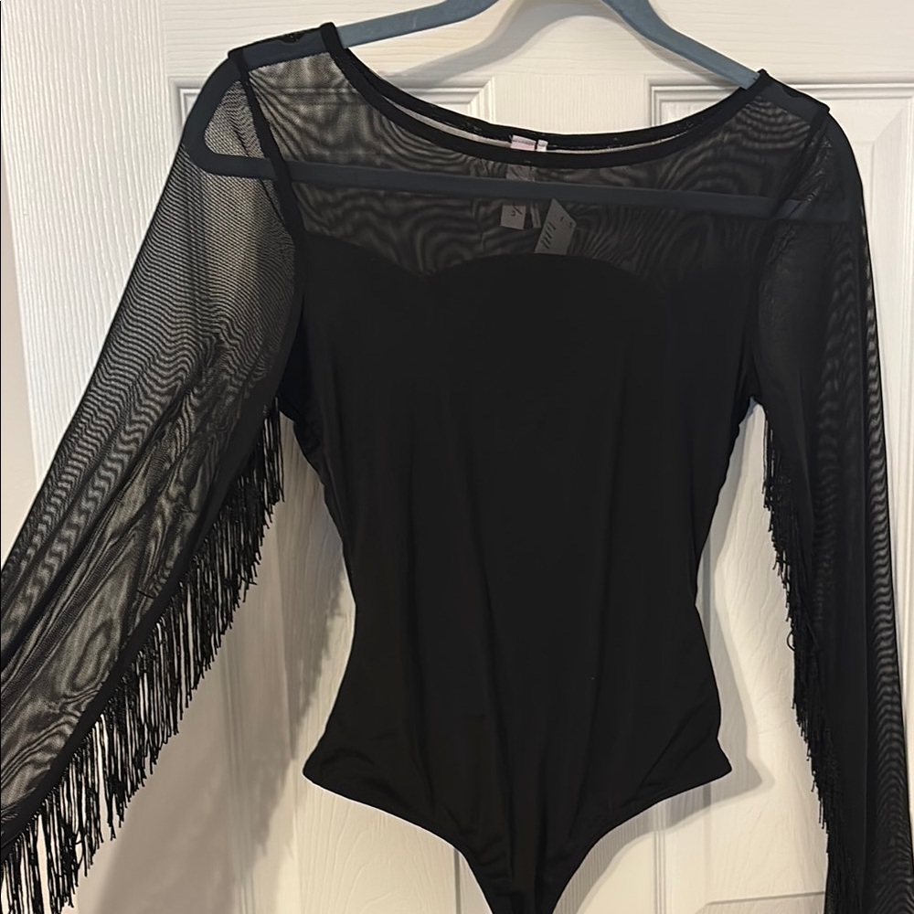 Black Fringe Mesh Bodysuit